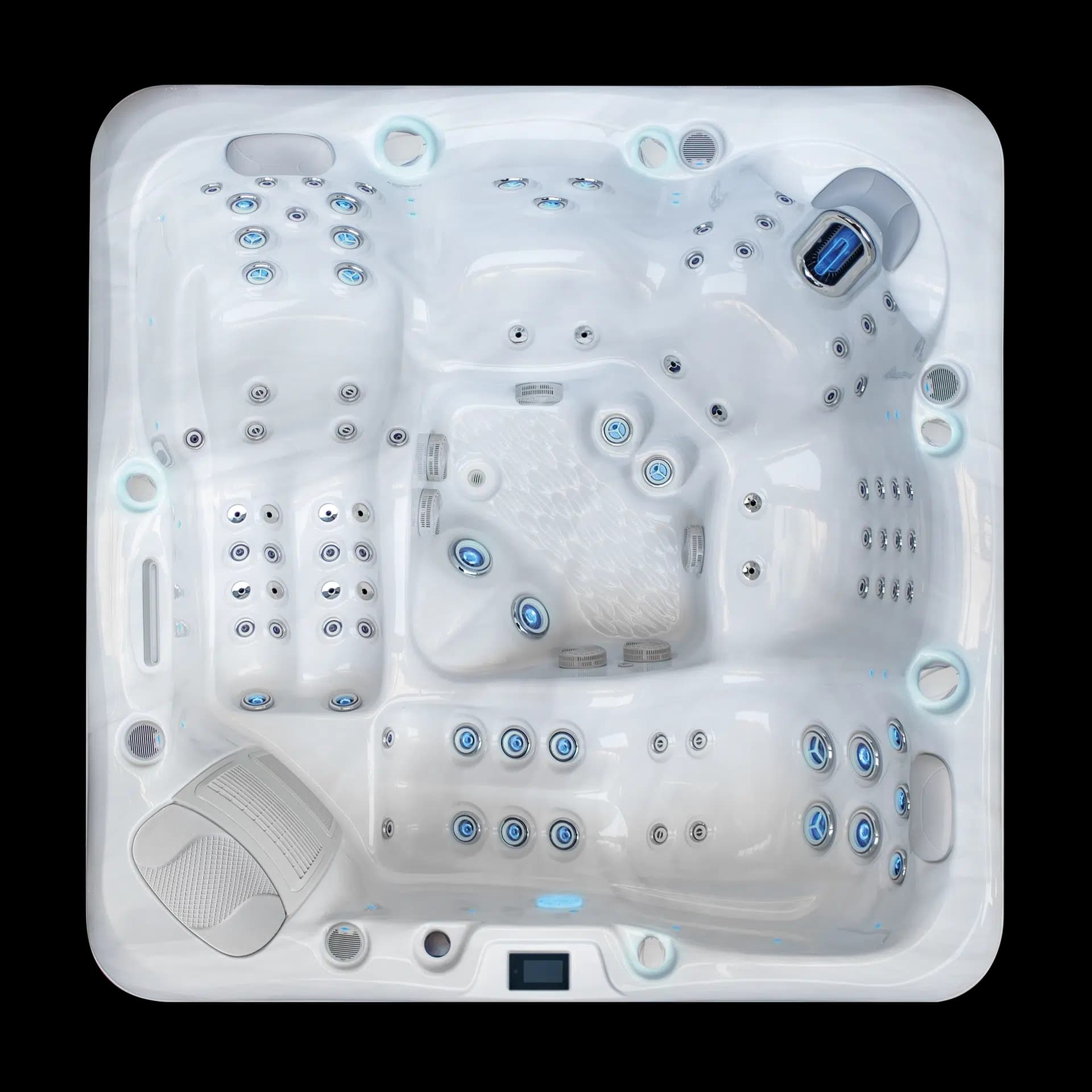 Spa Poseidon White Series Limited vu de dessus, jets et éclairage LED bleus allumés