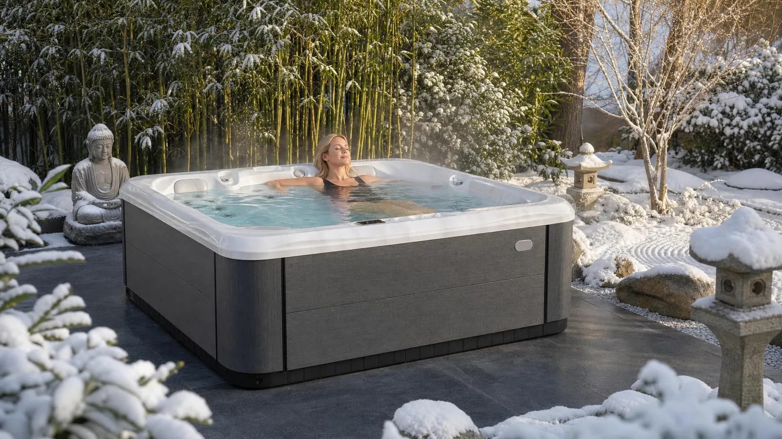 Le spa Poséidon dans un jardin zen enneigé, entre bambous, Bouddha de pierre et lanternes, une femme se détend dans l'eau chaude